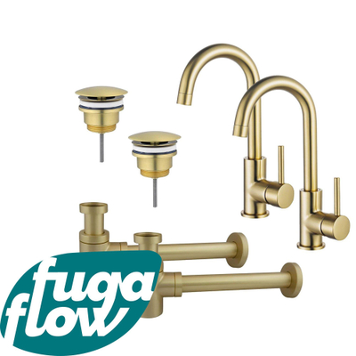 FugaFlow Eccelente Sobrado Badkamer Wastafelkraanset - voor dubbele wastafel - hoge wastafelkraan - draaibare uitloop - always open plug - verlaagde design sifon - PVD Geborsteld Messing