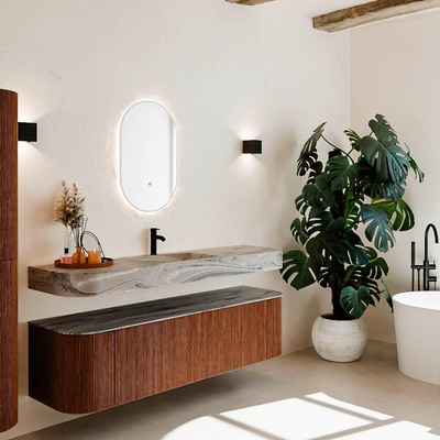 MONDIAZ THOR-DLUX 170cm meuble de salle de bains arrondi gauche + droite couleur Ruby avec 1 tiroir et 2 portes. Vasque suspendue CLOUD Milieu 1 trou de robinet couleur Sombra.