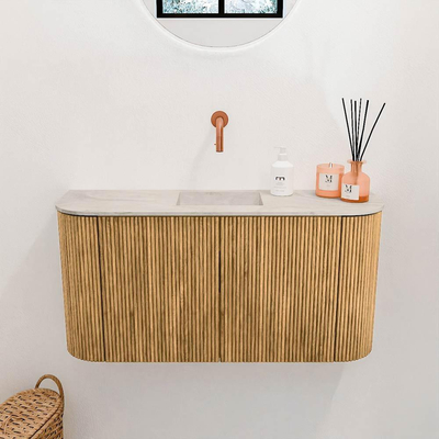 Mondiaz JOYA-DLUX 83.2cm toiletmeubel - ronding links en rechts kleur Oak - Wastafel FAYE positie Midden Zonder kraangat kleur Ostra.