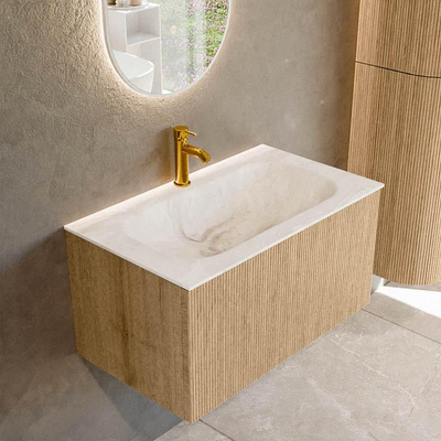 MONDIAZ KURVE-DLUX Meuble de salle de bains 80cm couleur Oak avec 1 tiroir. Lavabo BIG SMALL central 1 trou de robinet couleur Frappe.