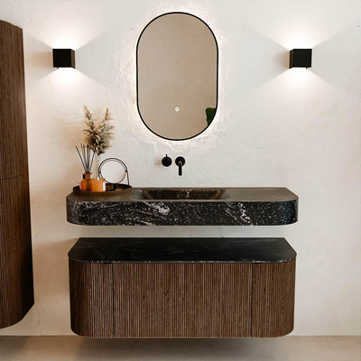 MONDIAZ THOR-DLUX 120cm badmeubel ronding links + rechts kleur Walnut met 1 lade en 2 deuren. Vrijhangende wastafel CLOUD Midden zonder kraangat kleur Lava.