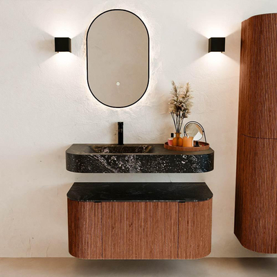 MONDIAZ THOR-DLUX Meuble de salle de bains 100cm arrondi gauche + droite couleur Ruby avec 1 tiroir et 2 portes. Vasque suspendue CLOUD Gauche 1 trou de robinet couleur Lava.