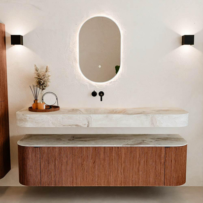 MONDIAZ THOR-DLUX 170cm meuble de salle de bains arrondi gauche + droite couleur Ruby avec 1 tiroir et 2 portes. Vasque suspendue CLOUD Milieu sans trou de robinet couleur Frappe.