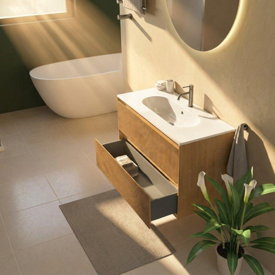 Saniclass Holz Atelier Ensemble de meubles de salle de bains - 100x45x73.9cm - Chaci lavabo en céramique blanc - 1 vasque - 1 trou de robinetterie - 2 tiroirs - chêne natural mat (bois)