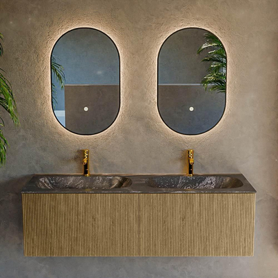 Mondiaz KURVE-DLUX Badkamermeubelset - 140x46x40cm - 2 lade - wastafel solid surface - dubbel - 2 kraangaten - Dusk