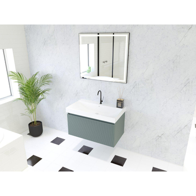 HR Matrix ensemble de meubles de salle de bain 3d 80cm 1 tiroir sans poignée avec bandeau de poignée en couleur petrol matt avec lavabo juste 1 trou pour robinet blanc