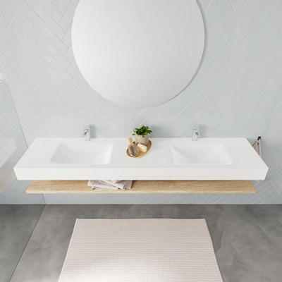 MONDIAZ ALAN 200cm - Ensemble meuble de salle de bains - étagère - chêne blanchi - lavabo suspendu - 2 vasques - 2 trous de robinetterie - talc