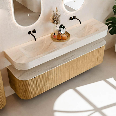 MONDIAZ THOR-DLUX 180cm meuble de salle de bains arrondi gauche + droite couleur Oak avec 2 tiroirs et 2 portes. Vasque suspendue CLOUD Double sans trou de robinet couleur Meli.