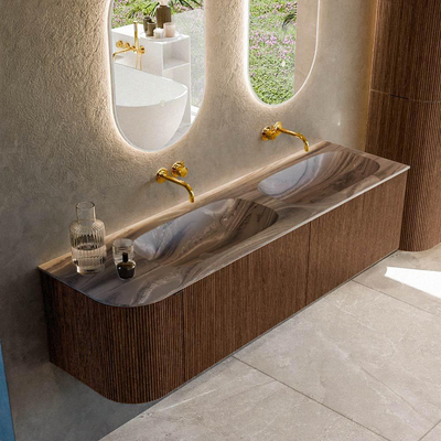 MONDIAZ KURVE-DLUX Meuble de salle de bains 165cm arrondi à gauche couleur Walnut avec 2 tiroirs et 1 porte. Plan-vasque STOR SMALL Double / à droite sans trou de robinet Sombra.