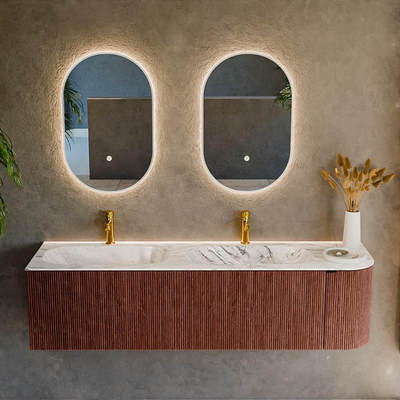 Mondiaz KURVE-DLUX Ensemble de meubles de salle de bains - 165x46x40cm - 2 tiroirs - 1 porte - vasque solid surface - double / gauche - 2 trous de robinet - Ruby