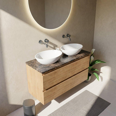 Saniclass Holz Pure Ensemble de meubles de salle de bains - 120x45x63cm - Plan en pierre naturelle Noche dark emperador - sans trou de robinet - 4 tiroirs - chêne natural mat (bois)