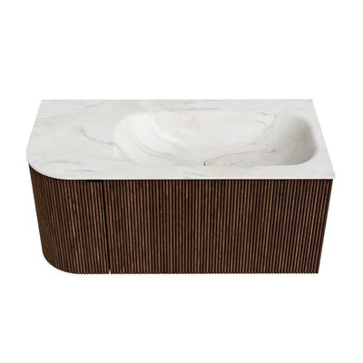 MONDIAZ KURVE-DLUX Meuble de salle de bains 95 cm avec module 25 L couleur Walnut avec 1 tiroir et 1 porte. Lavabo BIG SMALL droit 1 trou de robinet couleur Ostra.