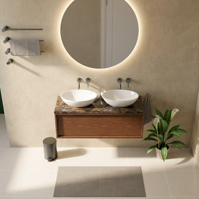 Saniclass Holz Frame Ensemble de meubles de salle de bains - 120x45x43cm - Plan de toilette en pierre naturelle Noche dark emperador - sans trou de robinetterie - 1 tiroir - walnut pure mat (bois)