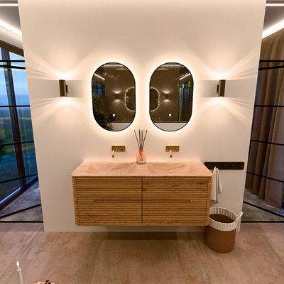 Mondiaz CIRO-DLUX Ensemble de meubles de salle de bains - 130x45x50cm - plan-vasque solid surface Saba - 2 vasques Double - sans trous de robinet - 4 tiroirs - Chêne