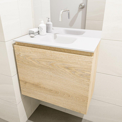Mondiaz OLAN Meuble lave-mains 60x30x40cm sans trous de robinet 1 tiroir Washed oak mat avec lavabo LEX Centre Solid Surface Blanc
