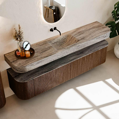 MONDIAZ THOR-DLUX 200cm badmeubel ronding links + rechts kleur Walnut met 2 lades en 2 deuren. Vrijhangende wastafel CLOUD Midden zonder kraangat kleur Oza.