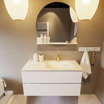 Mondiaz VICA-DLUX ensemble de meuble de salle de bain - 100cm - meuble sous lavabo talc - 2 tiroirs - lavabo encastré cloud droite - 1 trou de robinet - miroir modèle spot - version XL 60cm haut - ostra