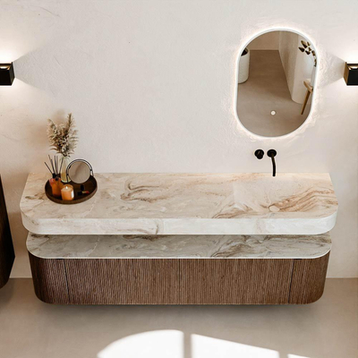 MONDIAZ THOR-DLUX Meuble de salle de bains 190cm arrondi gauche + droite couleur Walnut avec 2 tiroirs et 2 portes. Vasque suspendue CLOUD Droite sans trou de robinet couleur Frappe.