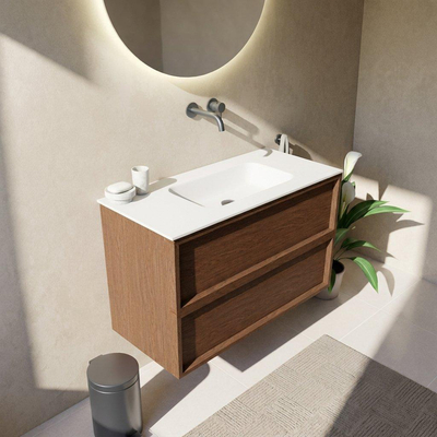 Saniclass Holz Frame Ensemble meuble de salle de bains - 100x45x61.5cm - Flow lavabo en solid surface blanc - 1 vasque - sans trou de robinet - 2 tiroirs - walnut pure mat (bois)
