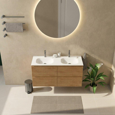 Saniclass Holz Atelier Ensemble meuble de salle de bains - 120x45x61.5cm - Flow lavabo en solid surface blanc - 2 vasques - 2 trous de robinetterie - 2 tiroirs - chêne natural mat (bois)
