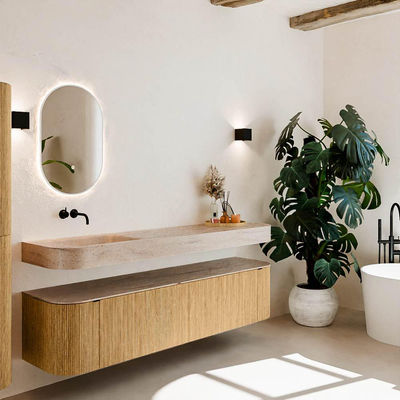 MONDIAZ THOR-DLUX Meuble de salle de bains - 190cm - arrondi gauche + droite - couleur Oak - 2 tiroirs - 2 portes - Vasque suspendue CLOUD Gauche sans trou de robinet - couleur Saba