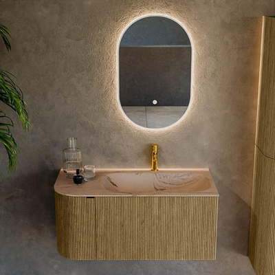 MONDIAZ KURVE-DLUX 95cm badmeubel ronding Links kleur Dusk met 1 lade en 1 deur. Wastafel BIG SMALL Rechts 1 kraangat Arena.