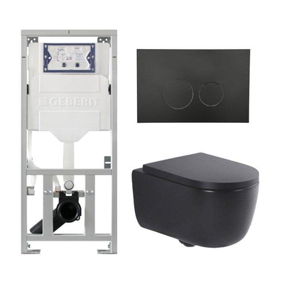 QeramiQ Dely Swirl Toiletset - 36.3x51.7cm - Geberit UP320 inbouwreservoir - met Burda frame - 35mm zitting - mat zwarte metalen bedieningsplaat - ronde knoppen - mat zwart