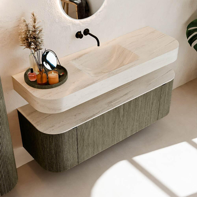 MONDIAZ THOR-DLUX 140cm meuble de salle de bains arrondi gauche + droite couleur Shadow avec 1 tiroir et 2 portes. Vasque suspendue CLOUD Milieu sans trou de robinet couleur Meli.