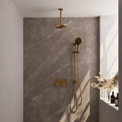 BRAUER Gold Carving Douche de pluie thermostatique encastrée - boutons-poussoirs - SET 71 - pomme de douche 20cm - bras de plafond - douchette 3 jets - flexible de douche - barre de douche intégrée - or brossé PVD