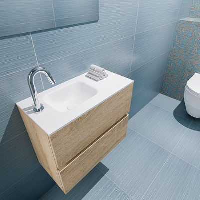 MONDIAZ ADA Toiletmeubel - 60x30x50cm - 1 kraangat - 2 lades - washed oak mat - wasbak links - Solid surface - Wit