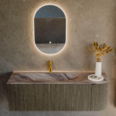 MONDIAZ KURVE-DLUX Meuble de salle de bains 135cm arrondi à droite couleur Shadow avec 1 tiroir et 1 porte. Lavabo BIG MEDIUM à gauche 1 trou de robinet Sombra.