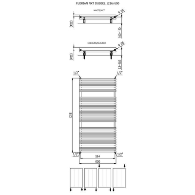 Plieger Florian Nxt designradiator dubbel horizontaal 1216x600mm 980W mat wit