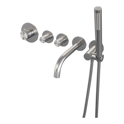 BRAUER Stripe Thermostatische Badkraan - SET 01 - inbouw - uitloop - staaf handdouche - doucheslang - wandaansluitbocht - RVS-kleurig geborsteld PVD