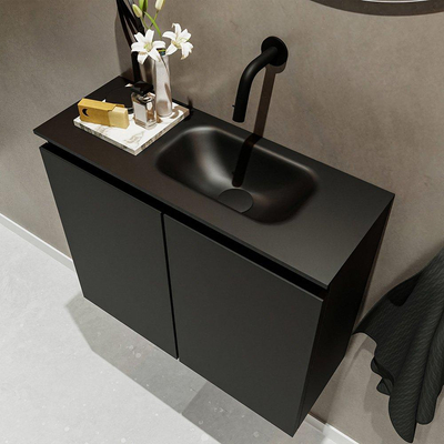 MONDIAZ TURE Fonteinset - 60x23x50cm - 0 kraangaten - 2 deuren - urban mat - Wasbak rechts - Solid Surface Zwart