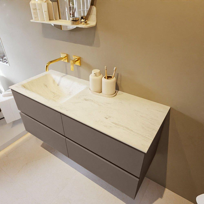 Mondiaz VICA-DLUX Ensemble de meuble de salle de bain - 120cm - meuble sous-vasque fumée - 4 tiroirs - lavabo encastré nuage gauche - sans trous de robinet - version haute 60cm - opalo