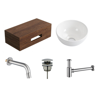 Royal Plaza Terra Planche pour lave-mains - 40x25x10cm - avec porte-serviettes - vasque à poser blanc brillant - robinet de lave-mains inox - bonde - siphon - châtaigne (noyer)