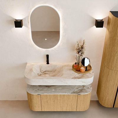 MONDIAZ THOR-DLUX 110cm badmeubel ronding links + rechts kleur Oak met 1 lade en 2 deuren. Vrijhangende wastafel CLOUD Links 1 kraangat kleur Frappe.