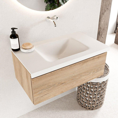 Mondiaz BUKLA Ensemble de meuble - 80x45x34cm - 0 trous de robinet - lavabo centré - solid surface - Talc - sans poignée - 1 tiroir - Mélamine - Chêne blanchi