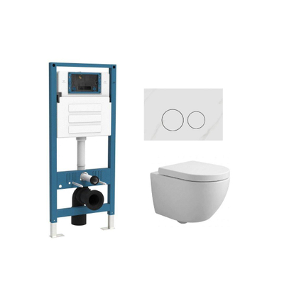 QeramiQ Dely Swirl Compact Ensemble WC - réservoir encastré QeramiQ flush - abattant 25 mm - plaque de commande blanche en marbre - boutons ronds - blanc mat