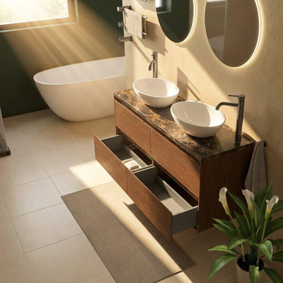 Saniclass Holz Pure Ensemble de meubles de salle de bains - 140x45x63cm - Plan de travail en pierre naturelle Noche dark emperador - 2 trous de robinet - 4 tiroirs - walnut pure mat (bois)