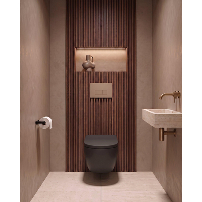 QeramiQ Dely Swirl Toiletset - 36.3x51.7cm - Geberit UP720 Duofix Sigma inbouwreservoir - slim zitting - bedieningsplaat taupe - rechthoekige knoppen - mat zwart