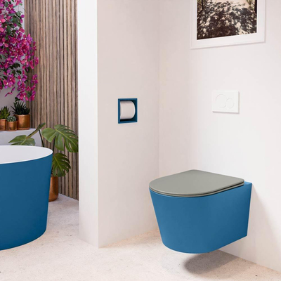 Mondiaz LAVIE hangtoilet – spoelrandloos – 36 x 53 cm – met softclose zitting – Jeans (blauw), zitting Smoke (lichtbruin)