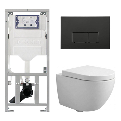 Pack WC QeramiQ Dely Swirl Compact - réservoir encastrable Geberit UP320 - avec bâti-support Burda - abattant 25 mm - plaque de commande en plastique noir mat - boutons rectangulaires - blanc mat