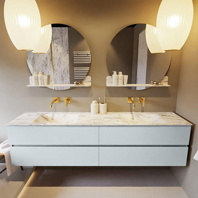 Mondiaz VICA-DLUX ensemble de meuble de salle de bain - 200cm - meuble sous-vasque argile - 4 tiroirs - lavabo encastré nuage double - sans trous de robinet - version haute de 60cm - glace