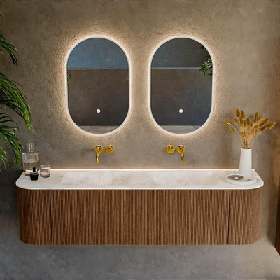 MONDIAZ KURVE-DLUX 170cm Meuble salle de bain avec module 25 G et D - couleur Walnut - 1 tiroir - 2 portes - vasque LEAF double - sans trou de robinet - couleur Frappe