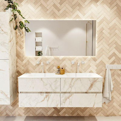 Mondiaz VICA ensemble de meuble de salle de bain - 140cm - meuble sous-vasque carrara - 4 tiroirs - lavabo cloud double - 2 trous de robinet - couleur talc - miroir LED - version XL 60cm de haut