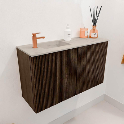 Mondiaz JOYA-DLUX 70cm toiletmeubel - kleur Walnut - Wastafel FAYE positie Links 1 kraangat kleur Opalo.