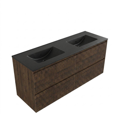 Saniclass Holz Atelier Ensemble meuble de salle de bains - 140x45x62cm - Vygo lavabo en céramique noir - 2 vasques - sans trous de robinetterie - 4 tiroirs - chêne charcoal mat (bois)