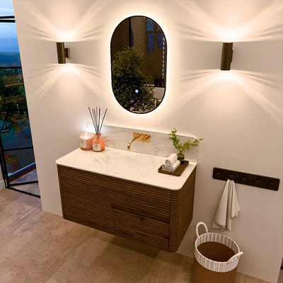 Mondiaz CIRO-DLUX Meuble de salle de bains - 100x45x50cm - plan vasque solid surface Opalo - 1 vasque Centrale - sans trous de robinetterie - 2 tiroirs - Dusk