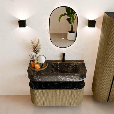 MONDIAZ THOR-DLUX 100cm meuble de salle de bains arrondi gauche + droite couleur Dusk avec 1 tiroir et 2 portes. Vasque suspendue CLOUD Droite 1 trou de robinet couleur Lava.